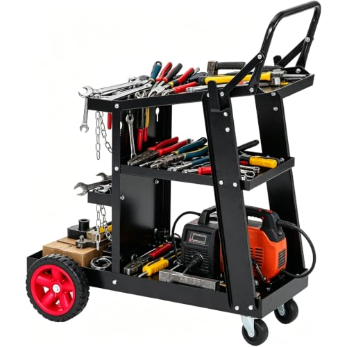 Garvee Welding Cart, 3-Tier Heavy Duty Welder Cart with 400 Lbs Load Capacity, Rolling Metal Utility Cart with Raised Handle, 360° Swivel Wheels for TIG, TIG, MMA, Plasma Cutter Welding Machine