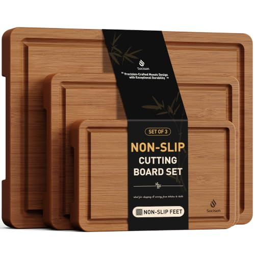 Socisen 3 Packs Bamboo Cutting Board Set with Non Slip Feet and Over Sink Nice Solid Thick Wood Juice Groove Chopping Board Extra Large Big Small Best Hardwood Kitchen Counter Organic Vegetable $18.99