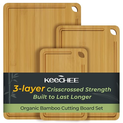 Keechee Wood Cutting Board, Durable Bamboo Cutting Boards for Kitchen with Deep Juice Grooves & Built-in Handles, Ideal Charcuterie & Chopping for Meat, Vegetables and Fruits Ideal Kitchen Gifts