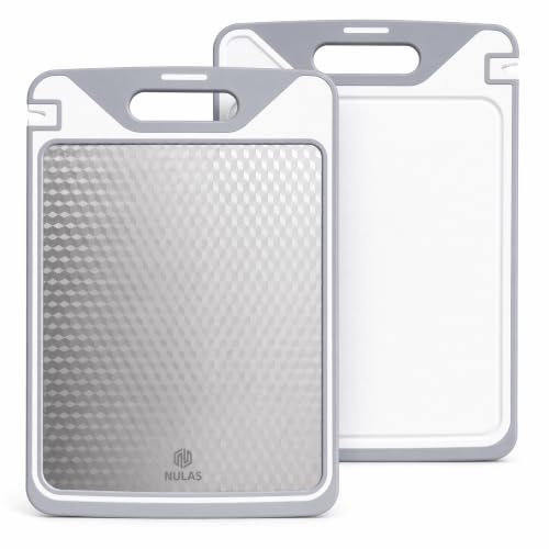 NULAS Double Sided Stainless Steel Cutting Board for Kitchen Prep, 304 Steel & PP Sides for Meat, Vegetables and Bread, Dishwasher Safe, Non Slip TPE Edge, Juice Groove, 15.2 x 10.2 in, Gray White