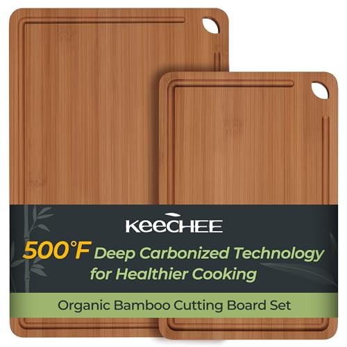 Keechee Butcher Block 2-Pcs Carbonized Bamboo Cutting Board Set With Non-Slip Design For Meal Prep & Cheese Serving(2Pcs)
