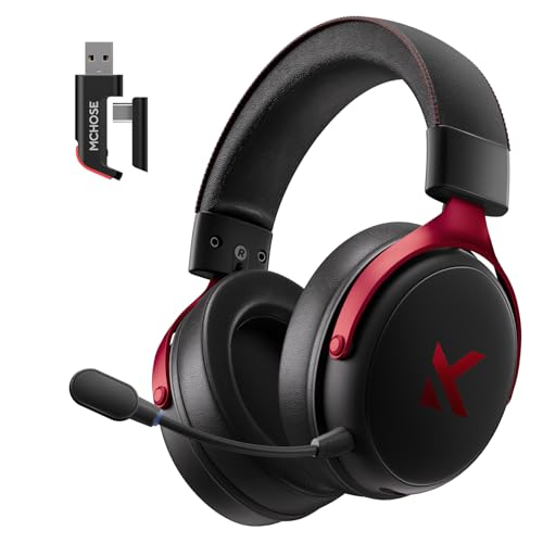 MCHOSE V9 PRO Wireless Gaming Headset 7.1 Surround Sound for PS5 PS4 PC SWITCH TOPSPEED Gaming Headphones, Noise Canceling Mic, 250Hr Battery, Low 15ms Latency, Lightweight, BT 5.3 FPS Games Black&Red