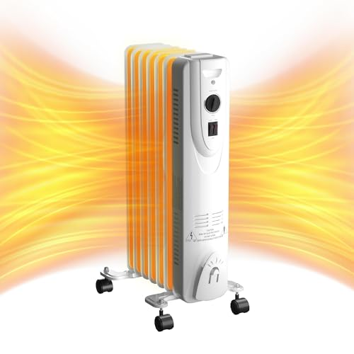 TAZTIR 1500W Oil-Filled Electric Space Heater, Portable with 3 Heat Settings, Black Metal Housing, 29.5x9.8 Inch, Digital Display, Floor Mount with Casters, AC Powered