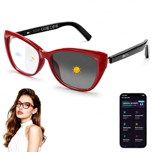 HAIXINDA AI Smart Glasses for Women Men, Bluetooth Glasses, Butterfly Frame Red