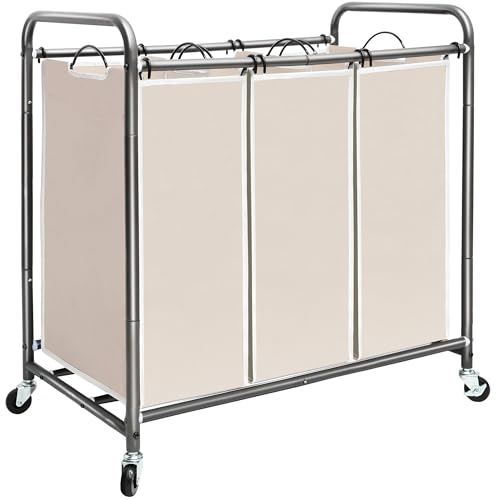 STORAGE MANIAC 3 Section Laundry Sorter, 35.6 Gal (135 L) Laundry Hamper Cart with Heavy Duty Rolling Lockable Wheels and Removable Bags, Clothes Organizer Basket Separator Hamper, Beige