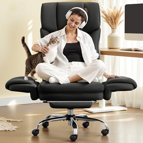FelixKing Big and Tall Office Chair, 400LBS Wide Leather Executive Chair, Reversible Armrest for Pets Criss Cross Legged, 135&deg; Reclining High Back Gaming Desk Chair with Lumbar Support Footrest, Black