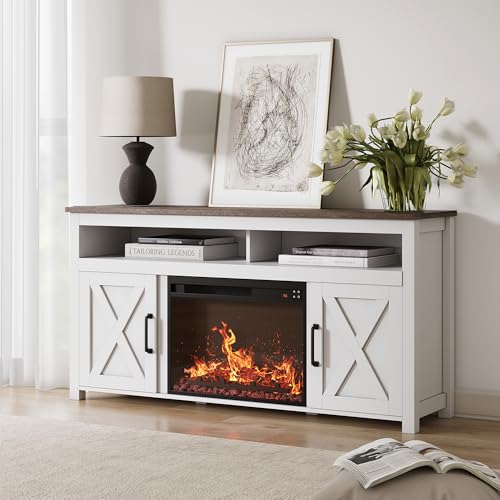 BELLEZE Corin 58" TV Stand with 23" Electric Fireplace - White