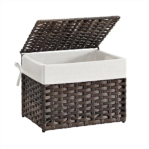 SONGMICS Storage Basket with Lid, Woven Blanket Storage Bin with Handles, Foldable, Removable Liner, Metal Frame, for Bedroom, Laundry Room, 9.2 Gallons (35 L), Brown URST040K01