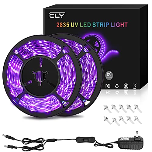 CLY 33ft LED UV Black Light Strip Kit, 600 Units UV Lamp Beads, 12V Flexible Blacklight Fixtures, 2835 UV LED Strip Light for Indoor Christmas Decor Fluorescent Dance Glow Party Stage Lighting