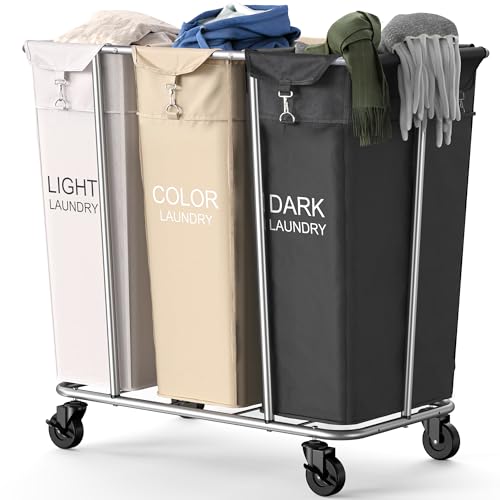 PLKOW 220L 3-Section Rolling Laundry Sorter, Multicolor | Waterproof Oxford bags, sturdy steel frames, and swivel casters support easy laundry sorting, storage, and transport
