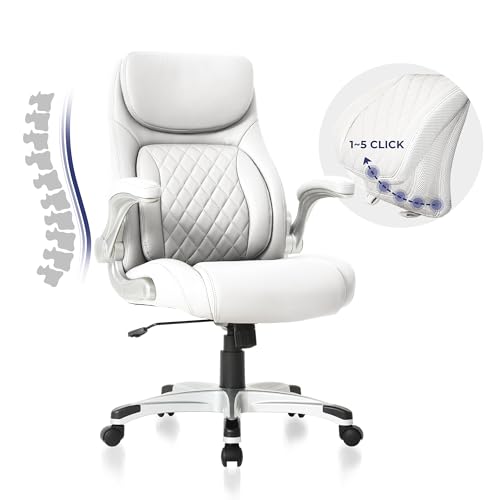Nouhaus Ergonomic Office Chair Premium Leather Adjustable Lumbar Support & Armrests, High Back Comfy Desk Gaming Chairs Executive Computer Swivel Chair Tilt Function(Posture,White)