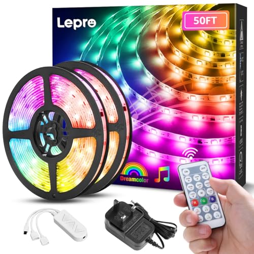 Lepro LED Strip Lights, 50ft Music Sync MagicColor Light Strip with Remote, Valentines Gifts for Men & Women, 5050 RGB Lights for Bedroom, Home, Gaming Room, Party, Wall,Valentines Day Decor