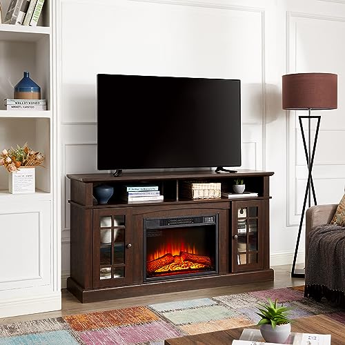 SUNLIFER Rustic TV Stand with Electric Fireplace: Tall Wood Entertainment Center Console for 60 Inch TV - Espresso
