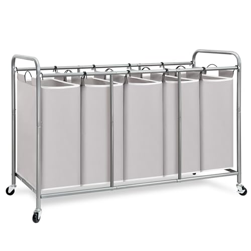 STORAGE MANIAC 5 Section Laundry Sorter, 5 Bins Rolling Separator Laundry Basket, Dirty Clothes Hamper Divider with Heavy Duty Lockable Wheels, Large Clothes Organizer Cart, Gray