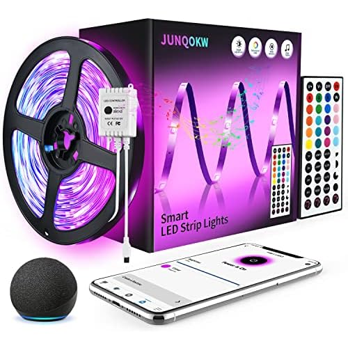 JUNQOKW 65.6ft Smart LED Strip Lights for Bedroom Music Sync LED Light Strips Work with Alexa,5050 RGB Color Changing LED Kit Lights with 44 Keys IR Remote Control,Home and Kitchen Decorations