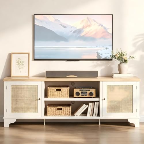 GarveeHome Rattan TV Stand for 65 in TV, Boho Entertainment Center with Cabinets & Open Shelves, Wooden Media Console Table for Living Room, White