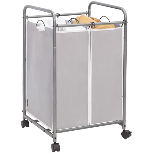 STORAGE MANIAC Laundry Sorter 2 Section, 90 L Gal Laundry Hamper with Wheels, Clothes Basket Separator Sorter, 2 Bag Rolling Cart and Removable Bags for Closet, Dorm, Collage, Grey
