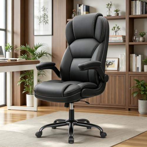 FelixKing PU Leather Office Chair Desk Chair with Flip-up Armrests, Black | Ergonomic Executive Office Chair With Back Support, Computer Chair for Home Office & Work & Study & Gaming