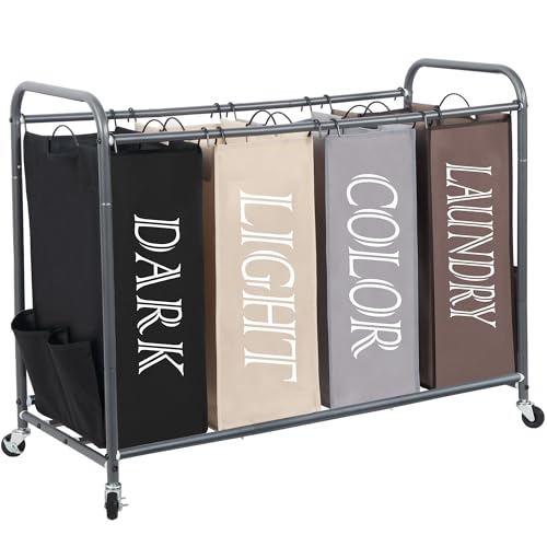 STORAGE MANIAC Laundry Sorter 4 Section, 47.5 Gal (180 L) Laundry Hamper with Wheels, Clothes Divider Basket Sorter, Separator Hamper Cart with Removable Bags, Multicolored