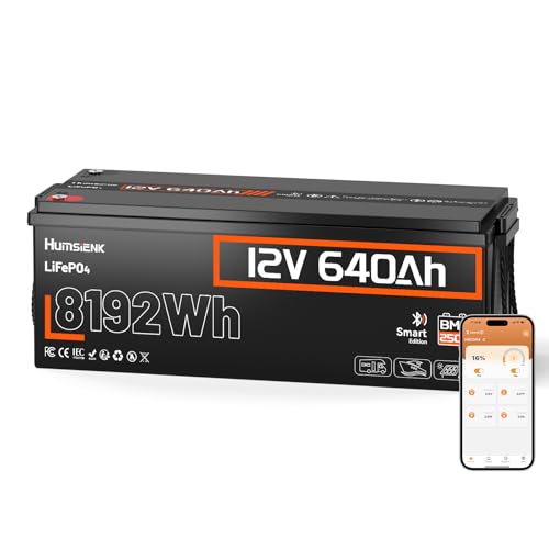 HumsiENK 12V 640Ah LiFePO4 Lithium Battery (250A BMS) with Bluetooth, Deep Cycles 600Ah+ LiFePO4 Battery, Low Temp Protection, 8192Wh Energy Perfect for Off-Grid, Home Backup, Solar Energy