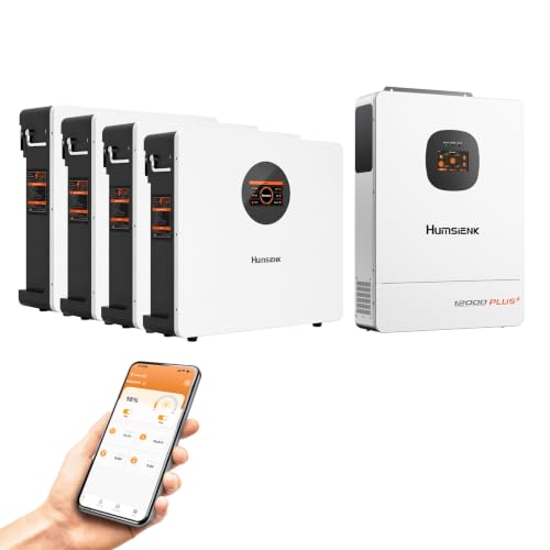 HumsiENK 20.48kWh Home Backup, 4 Pack 48V 100Ah Wall-Mount LiFePO₄ Battery Active Balancing + 12000W Hybrid Split Phase Inverter, 120/240V, UL1741, Off‑Grid Solar